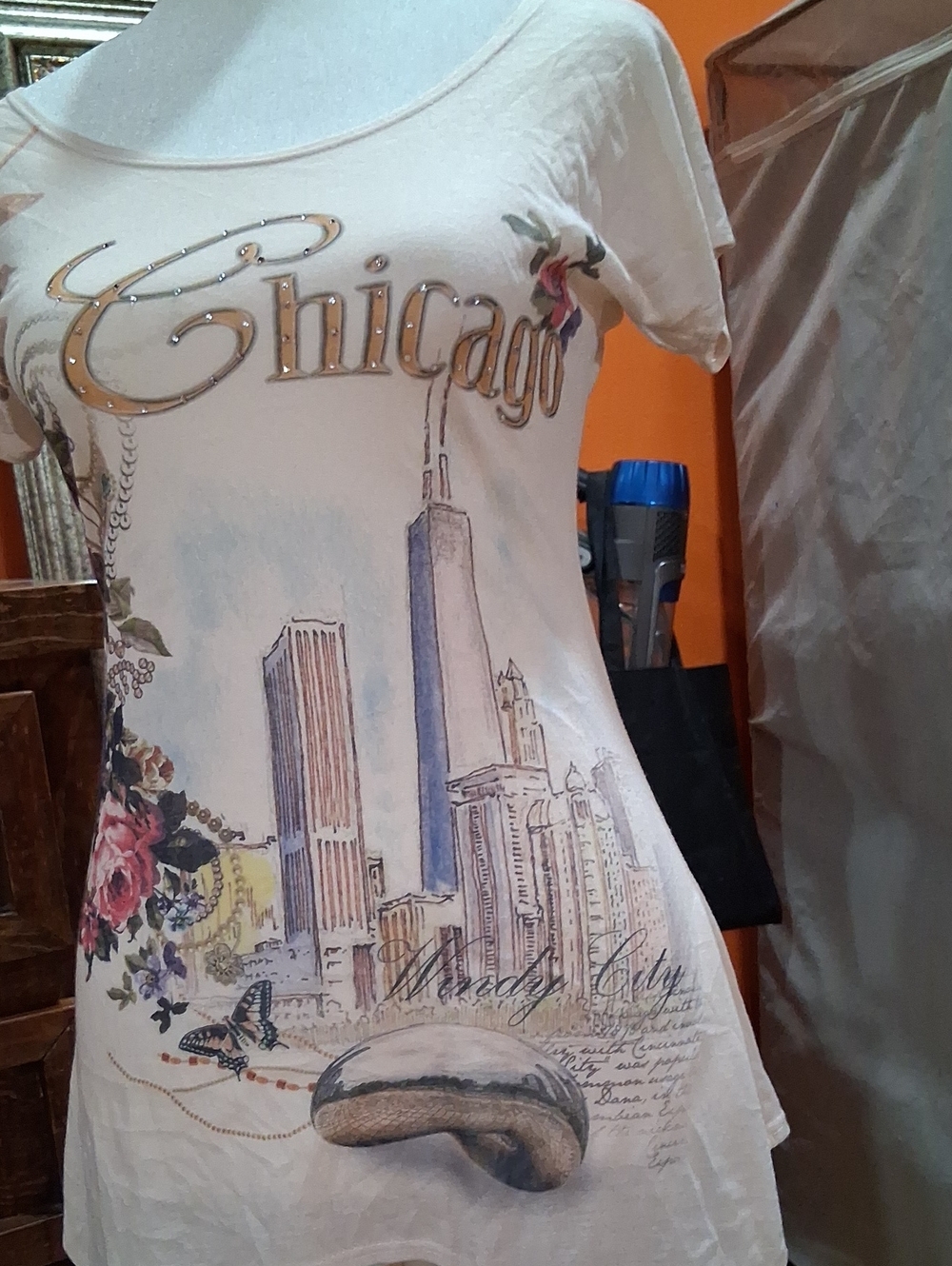 White Chicago Graphic Scoop Neck Tank Top with Rhinestone Detail